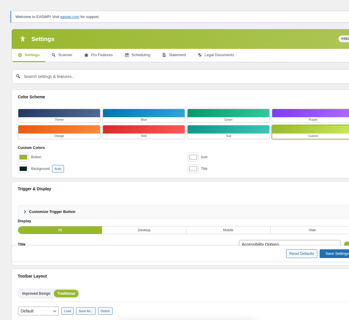 LEWCA admin settings with color scheme picker and button manager
