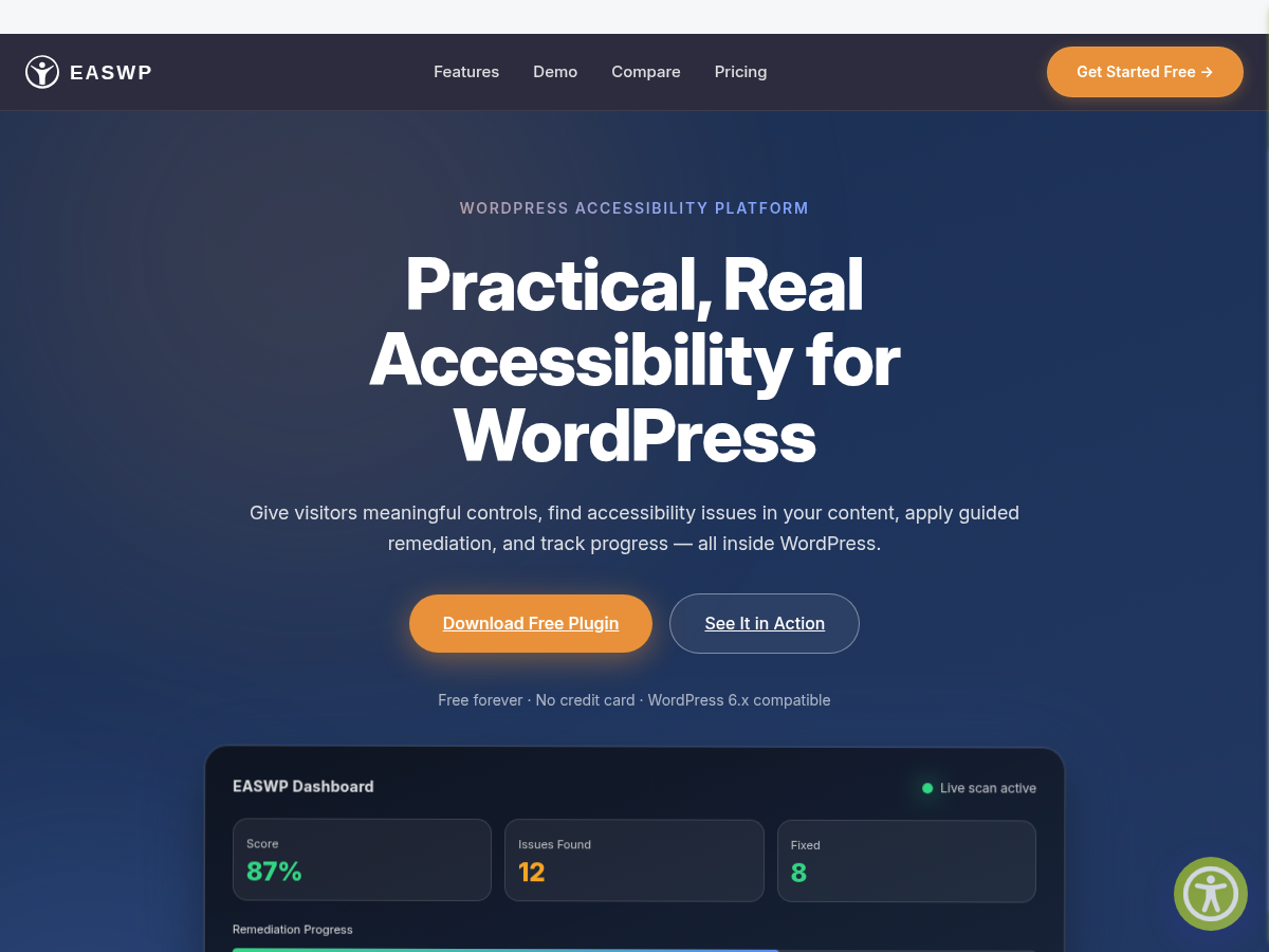 LEWCA traditional accessibility toolbar on a WordPress site